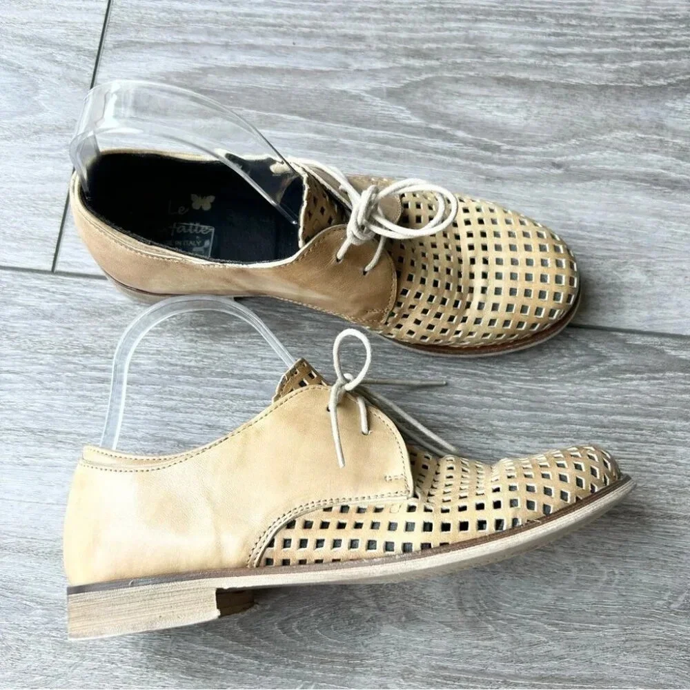Vintage FarFalle Beige Perforated Leather Lace Up Oxford Made in Italy
